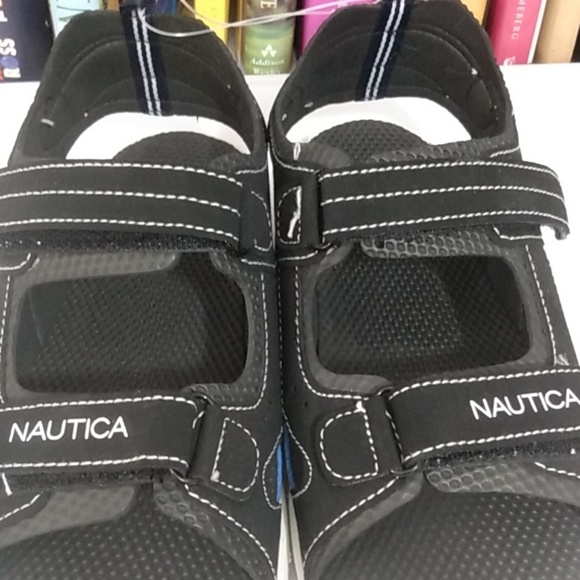 NAUTICA BOY'S BLACK BLUE CROSSOVER VELCRO STRAP SANDALS SIZE 3 NWT - Picture 2 of 9